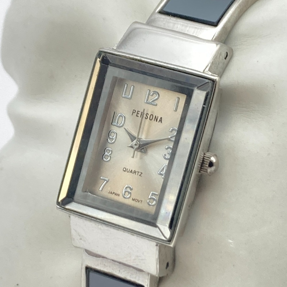 Persona Women's Cuff Watch Silver Tone Mirror Finish Tank New Battery 6.25"